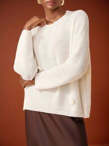 Zivah New Year Holiday, New Autumn And Winter, Christmas Casual Daily Date, Internet Celebrity Bestsellers, Street Daily Commuting Office Clothing, Sweet And Ladylike Ladies' Winter Outfits, Return To School Business Casual Women's Wear, Round-Neck Long-Sleeved, Three-Dimensional Flower Decoration, Diamond-Shaped Pattern Woolen Pullover, White Apricot Women's Sweater