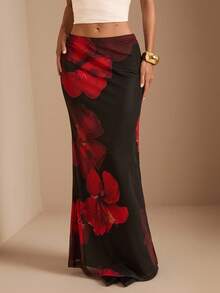 SHEIN BAE 女式黑色底红色花卉印花网眼裙，适合婚礼季节、万圣节、夜间外出、活动、节日，优雅女士裙，黑红色花朵女式裙 - 黑色 - 查看 6