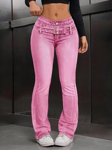 SHEIN Tall 休闲水洗低腰修身喇叭牛仔裤 - 粉色 - 查看 6