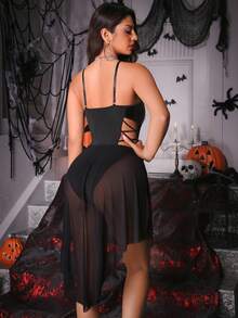 Fantasy Costume 1pc Women's Solid Color Patchwork PU Leather Hollow Design Camisole Bodysuit, Halloween