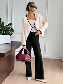 SHEIN Frenchy 女士秋冬休闲大衣，饰有滚边，适合秋冬季通勤、简约时尚、复古风等日常穿着。 - 杏色 - 查看 8