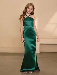 Vestido de satén con cuello halter y bajo asimétrico, cintura ceñida para niñas, vestido elegante de niña de las flores para bodas, fiestas, Navidad, Halloween, graduación - Verde - Ver 1