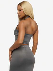 SUMWON WOMEN 带孔眼装饰的露背背心短款夏季节日无袖吊带背心 - 深灰色 - 查看 8