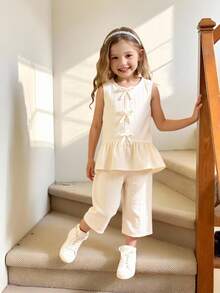 2 件套女童夏季纯色单排扣蝴蝶荷叶边背心衬衫和纯色裤子套装，简约休闲装