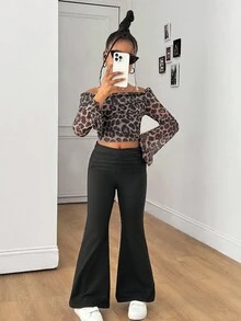 SHEIN Tween Girls' Basic Casual Knit High Waist Ruched Slim Flare Pants, Back To School, Black Flared Leggings, Ruched Waist Pants, Flare Leg Pants - Black - View 6