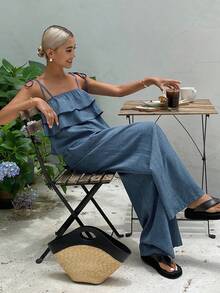 DAZY 2件套女士时尚荷叶边露脐吊带背心和高腰系带阔腿休闲裤，夏季度假套装 - 淺藍色 - 查看 4