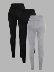 SHEIN SXY 3-Pack Plus Size Women's Solid Color Casual Leggings, Comfortable & Smooth, Suitable For Yoga, Fitness, Cycling And Daily Wear, Autumn Grey Leggings Black Leggings High Waisted Leggings