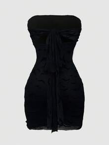 Sweetra Plus Size Bat Flocked Bandeau Christmas Dress - Black - View 2