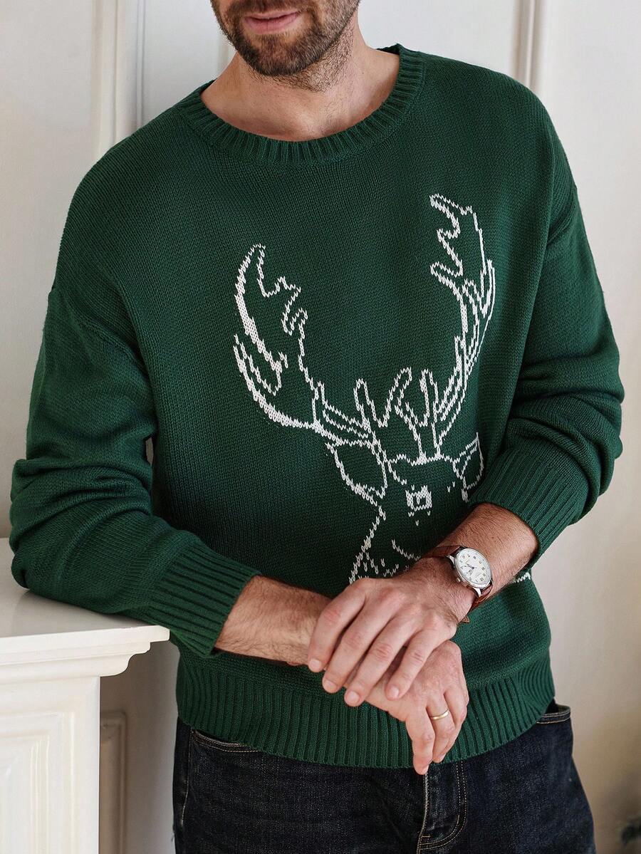 Manfinity Homme Áo len cổ tròn họa tiết tuần lộc cho nam, dáng rộng, thường ngày, áo len Giáng sinh cho nam, áo len tuần lộc, áo len Giáng sinh màu xanh lá cây, mùa thu/đông - Màu xanh lá cây đậm - Xem 1