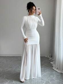 Rafferiza Váy dài tay xẻ tà hở lưng, dây buộc kiểu Pháp lãng mạn tối giản dành cho nữ, mùa thu - trắng - Xem 4