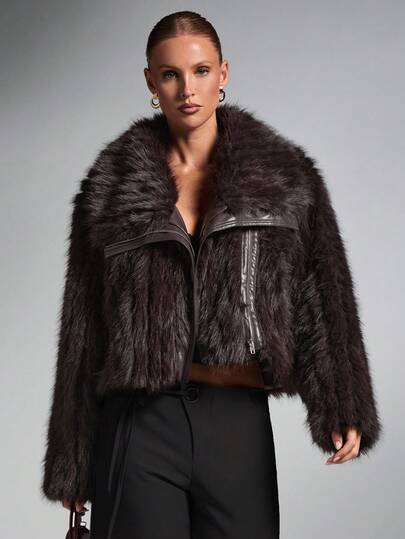 SHEIN BAE 女士冬季拉链领超大仿皮草大衣