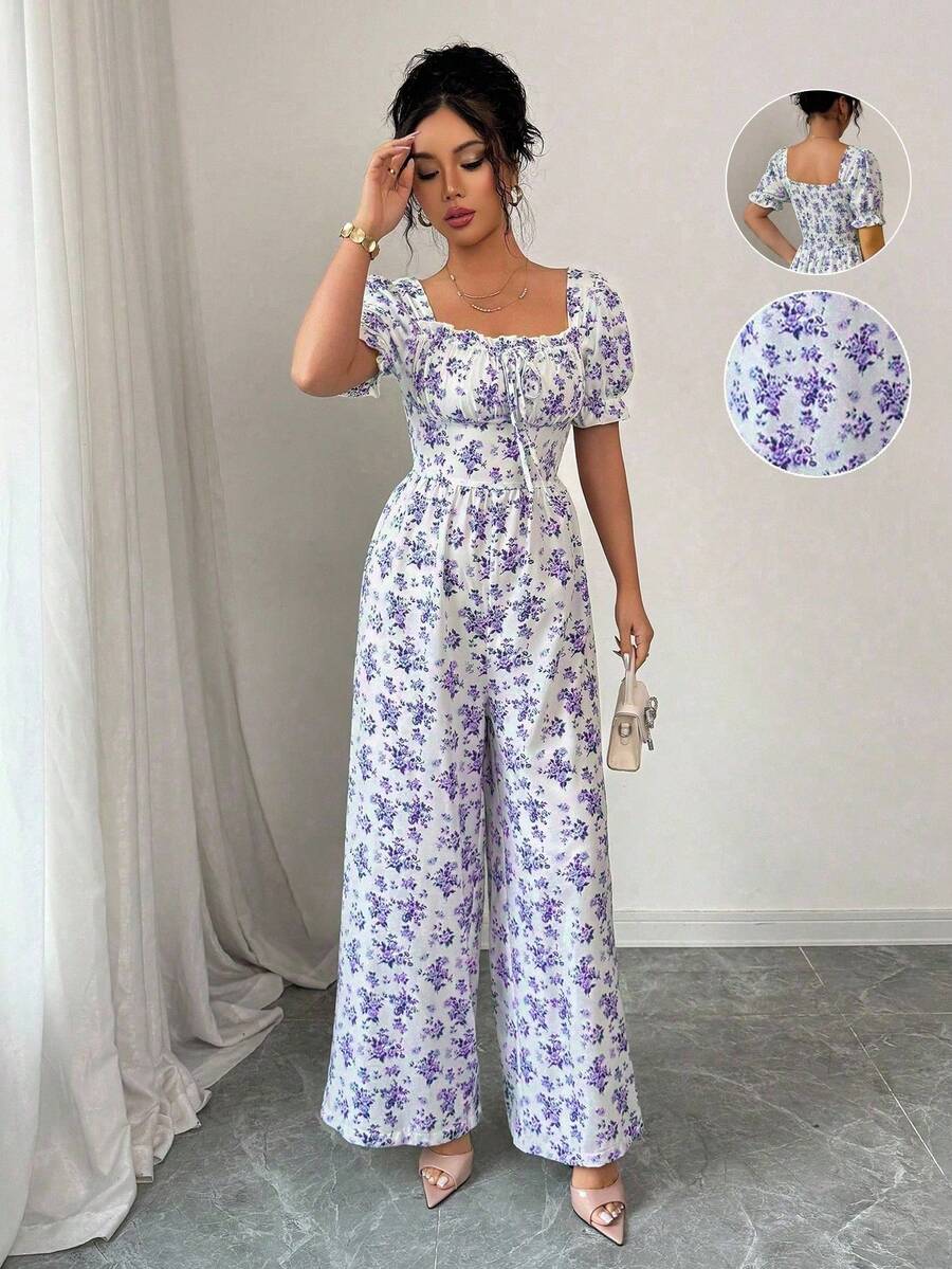 Rafferiza 女士优雅度假束腰花卉印花连体裤花卉紫色花卉连体裤夏季夏季花卉连体裤 - 紫色 - 查看 1