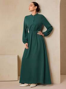 Graceveil Robe de soirée longue élégante et décontractée avec col montant, manches longues, boutons et taille élastique, coupe évasée, style automnal vert