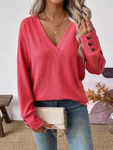 SHEIN LUNE 女式休闲纯色V领长袖上衣 - 紅色 - 查看 1