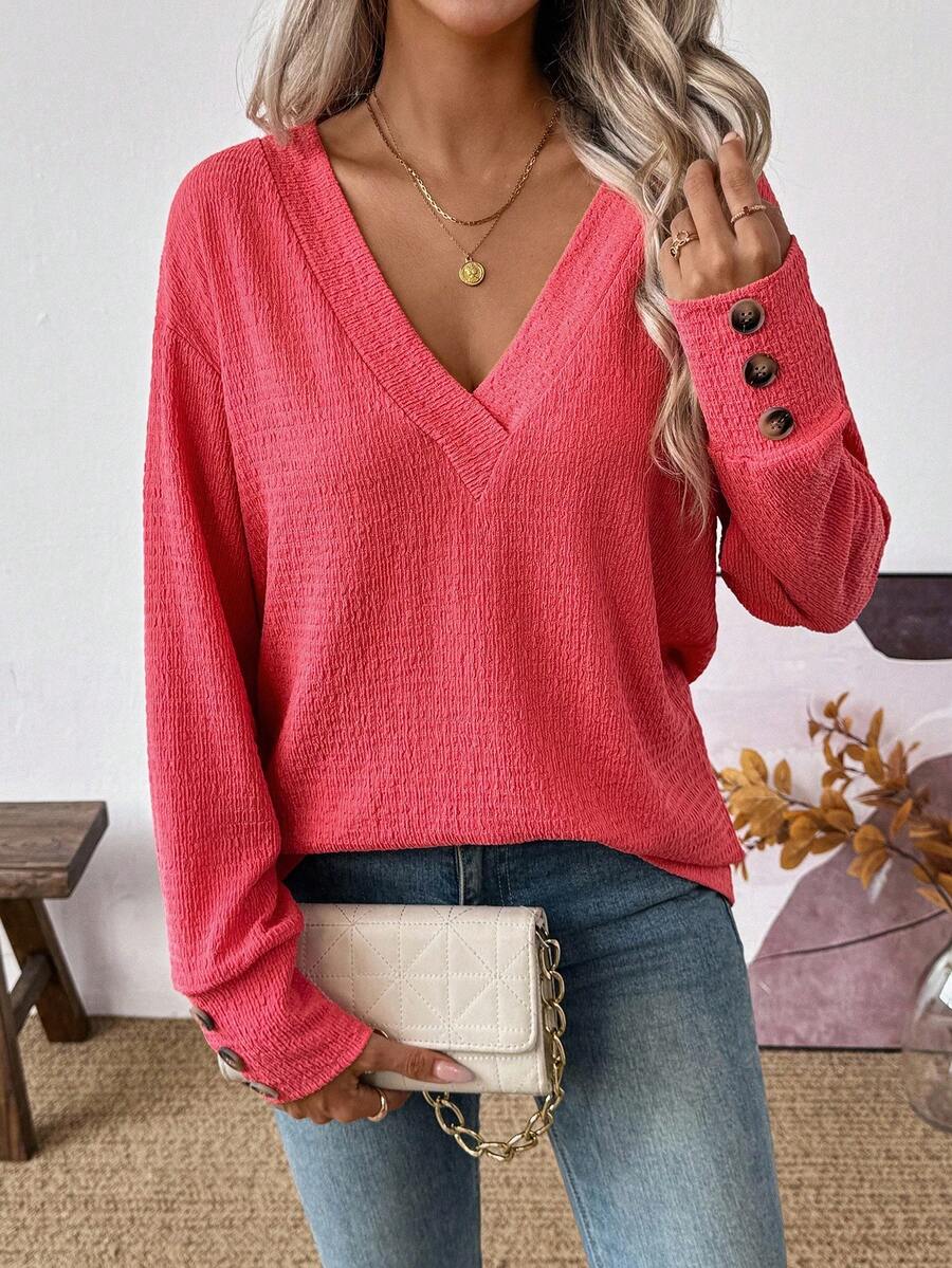 SHEIN LUNE 女式休闲纯色V领长袖上衣 - 紅色 - 查看 1