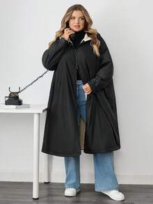 SHEIN CURVE+ Women's Plus Size Casual Loose Hooded Fleece Jacket, Autumn/Winter - Black - View 9