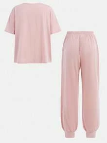 SHEIN 少女简约字母印花圆领短袖针织家居服套装 2 件套 - 淺粉色 - 查看 2