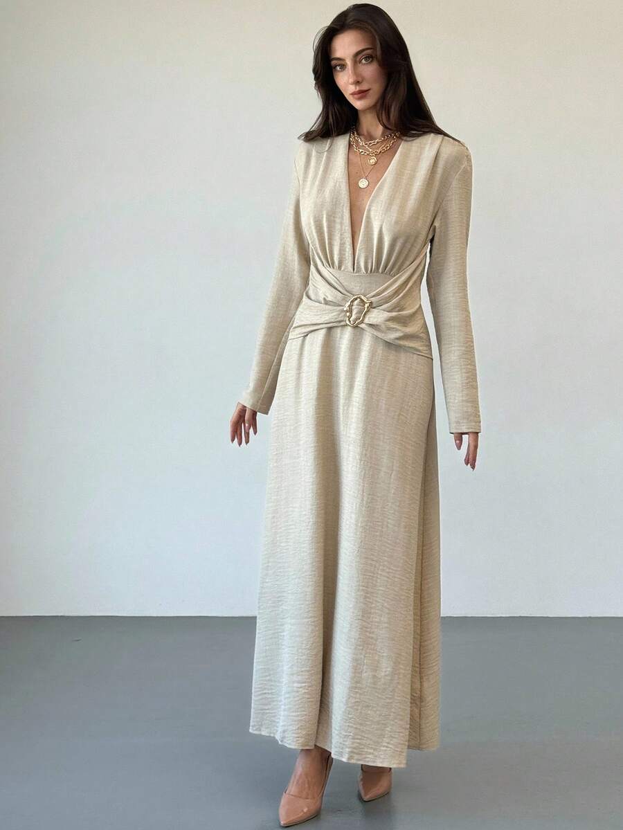 Aloruh Vestido de mujer de unicolor, de cuello en V profundo, de manga larga, con fruncido en la cintura y decoración metálica, de moda sexy y de largo medio - Caqui - Ver 1
