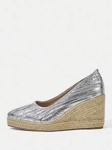 Styleloop Scarpe da donna in tela semplici con cinturino alla caviglia, fascia elastica per le vacanze, cerniera sul retro, punta tonda in finta pelle con fibbia metallica cava, sandali con zeppa spessa in piattaforma intrecciata nera per le vacanze - Argento - Visualizzare 2