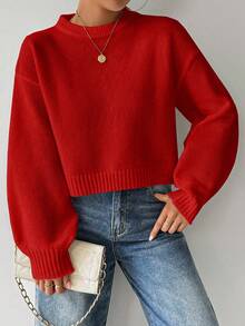 Celisse Tropiluxe Women's Solid Color Simple Casual Crew Neck Long Sleeve White Sweater - Red - View 6