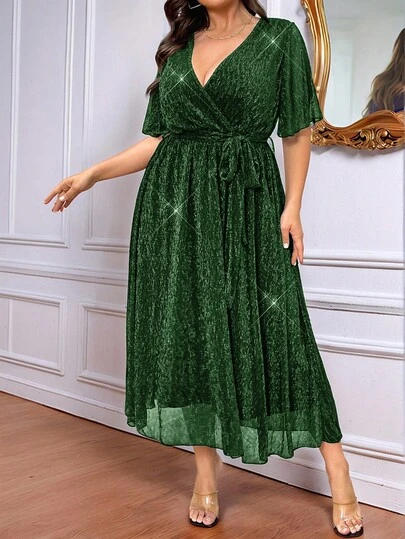 SHEIN Clasi Christmas Celure Plus Size Women Plunge Lace Lace Sequin Asymmetric Bell Sleeve Party Long Dress