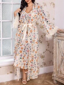 SHEIN 1 套：羽毛装饰长袖花卉印花网眼长袍 + 花卉印花网眼长吊带裙，加大码 - 彩色 - 查看 4