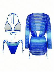 Swim SXY 4 件套女士新款细肩带露背上衣、侧系带衬衫、侧系带泳裤和性感比基尼套装 - 藍色 - 查看 5