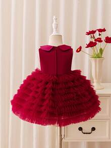 Glamorique Kids Váy bánh kem bằng vải tuyn lưới bóng satin màu đỏ tía cho bé gái, cổ Peter Pan, trang trí nơ, váy dự tiệc sinh nhật cho trẻ sơ sinh, Giáng sinh, Halloween, váy dự tiệc cưới - Màu Đỏ Sâu - Xem 2