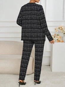 SHEIN 2pcs Maternity Plaid Long Sleeve Cardigan And Pants Casual Outfit, Autumn