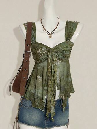 SHEIN ICON Vintage Print Asymmetrical Hem Mesh Trim Women Tank Top