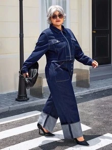 SHEIN Chaqueta de mezclilla azul marino versátil y de moda para mujer de talla grande - Azul lavado oscuro - Ver 5
