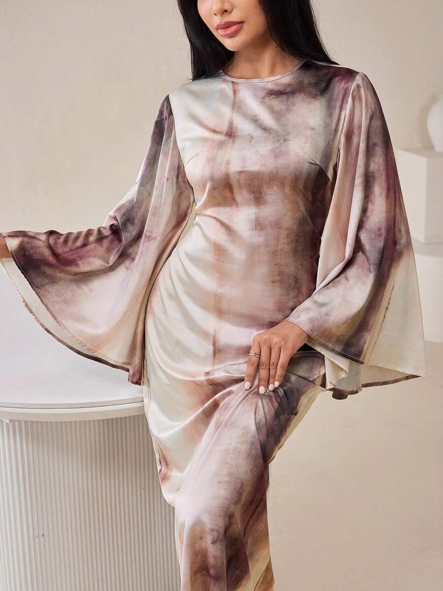 Veilorie 女士扎染印花圆领喇叭袖修身鱼尾下摆优雅阿拉伯风连衣裙 - 卡其色 - 查看 1