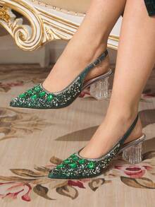 CUCCOO TILAWA Women's Crystal Heel Rhinestone Embellished Green Pointed Toe Pumps Shoes, Suitable For Outings, Banquets, Parties And Other Events - Green - View 1