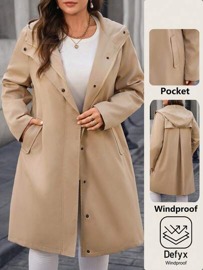 EMERY ROSE Chaqueta cortavientos con capucha, cierre de cremallera y manga larga de unicolor para mujer de talla grande