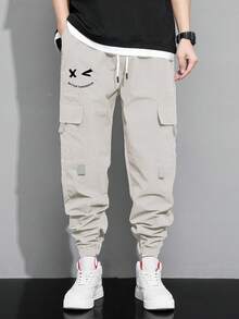 Claim Dot Men Letter Graphic Flap Pocket Drawstring Waist Cargo Trousers - Beige - View 5