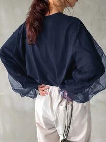 FRIFUL Women's Casual Thickened 2 In 1 Mesh Contrast Sweatshirt, Fall/Winter - Navy Blue - View 4