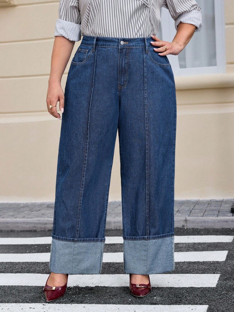 EMERY ROSE Plus Size Women Loose Fit Wide Leg Casual Jeans With Pockets - Dark Wash - View 2