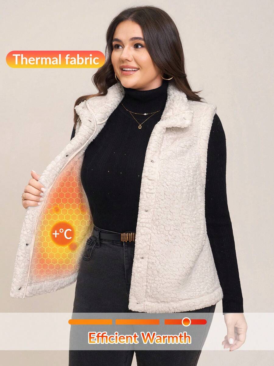 Comfylo 大码女式纯色单排扣休闲羊毛背心夹克，秋冬 - 杏色 - 查看 1