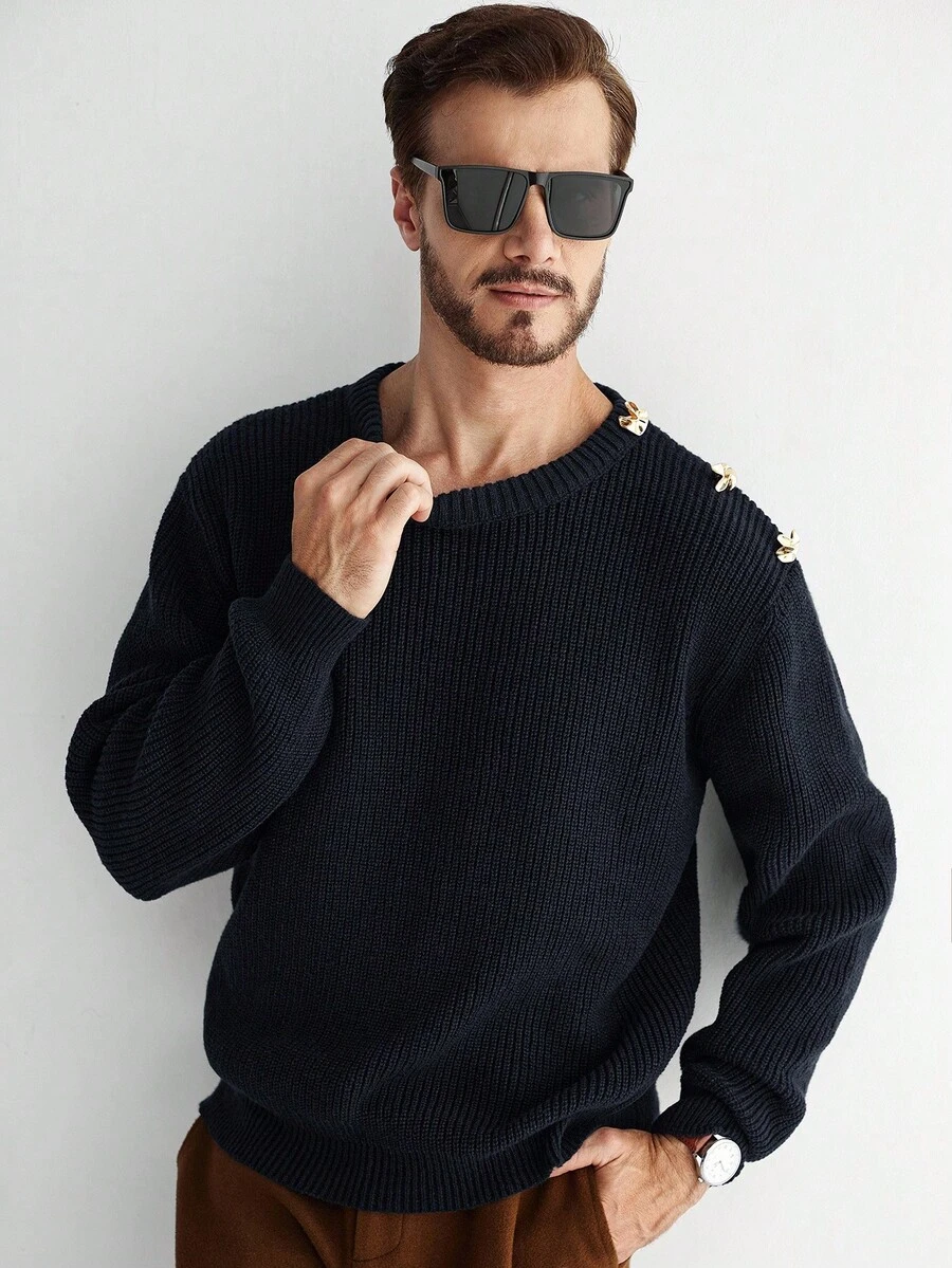 Manfinity CityGents Men's Casual Loose Fit Pullover Sweater With Metal Decor On Shoulders, Autumn