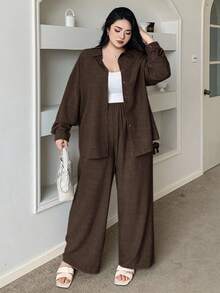 Livesso Curve Western Style Beach Vacation Solid Color Denim Effect Linen Loose Casual Plus Size Women 2 Pieces Set, Spring/Autumn Lounge Sets For Women - Coffee Brown - View 4