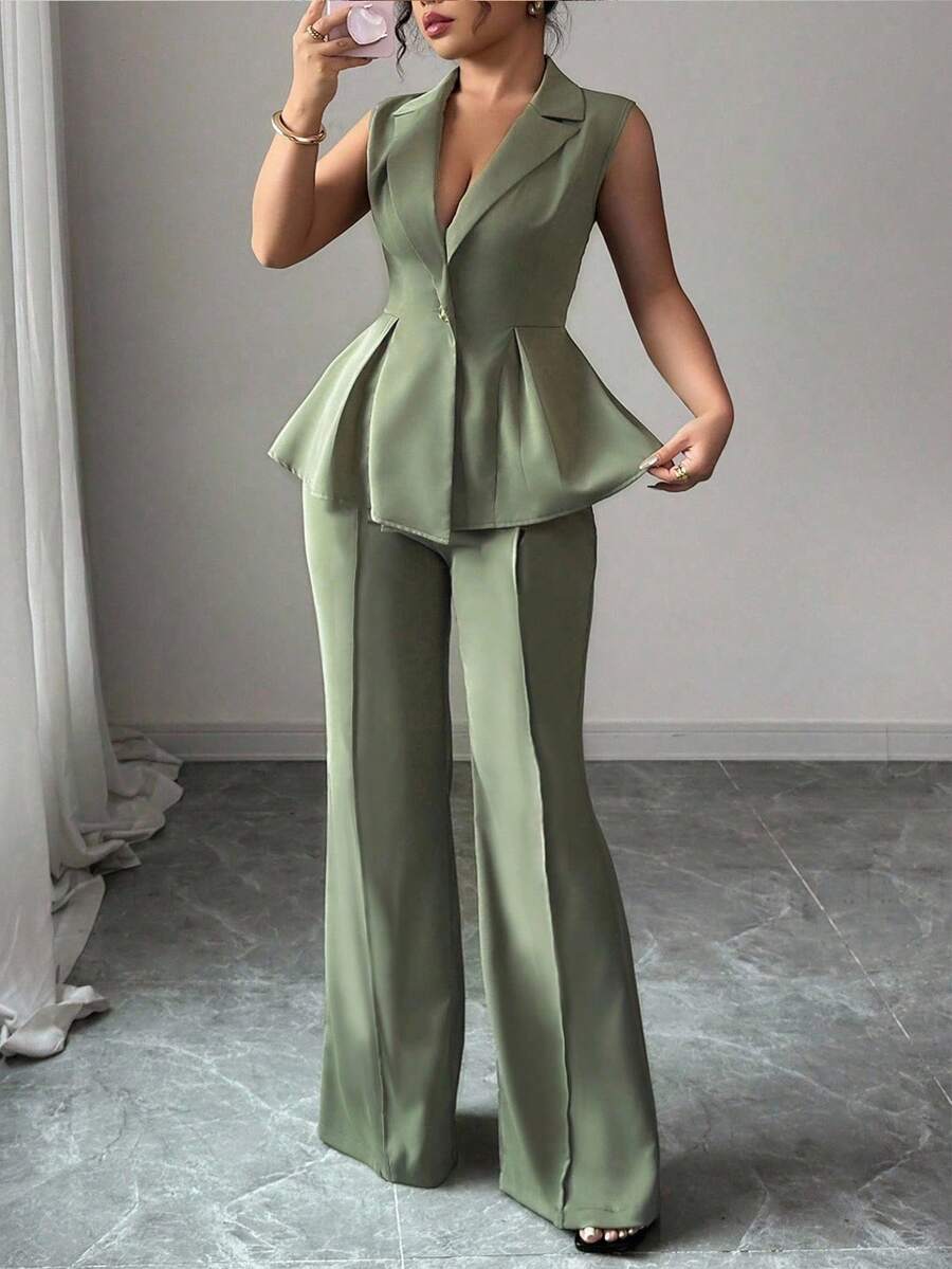 Elenzga Plus Size Sleeveless Blazer Collar Waist Cinched Elegant Romantic Women Suit Set Winter Fall Autumn