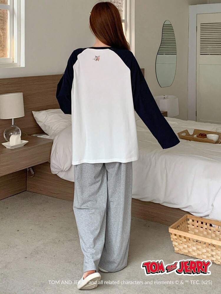 TOM AND JERRY X DAZY 2pcs Loose Cartoon Print Patchwork Raglan Sleeve Women Pajama Set, Fall Winter Clothes