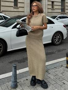 DAZY Women's Autumn Knit Short Sleeve Top And Loose Fit Skirt 2 Pieces Set