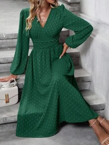 EMERY ROSE Swiss Dot Surplice Neck Lantern Sleeve Ruched Waist Dress Maxi Women Outfit - Green - View 3