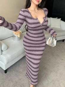 DAZY Vestido de suéter ajustado de mujer en color morado, nueva llegada de otoño/invierno