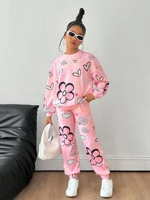 SHEIN 2件套青少年女孩休闲宽松花卉印花圆领运动衫和裤子套装 - 淺粉色 - 查看 1