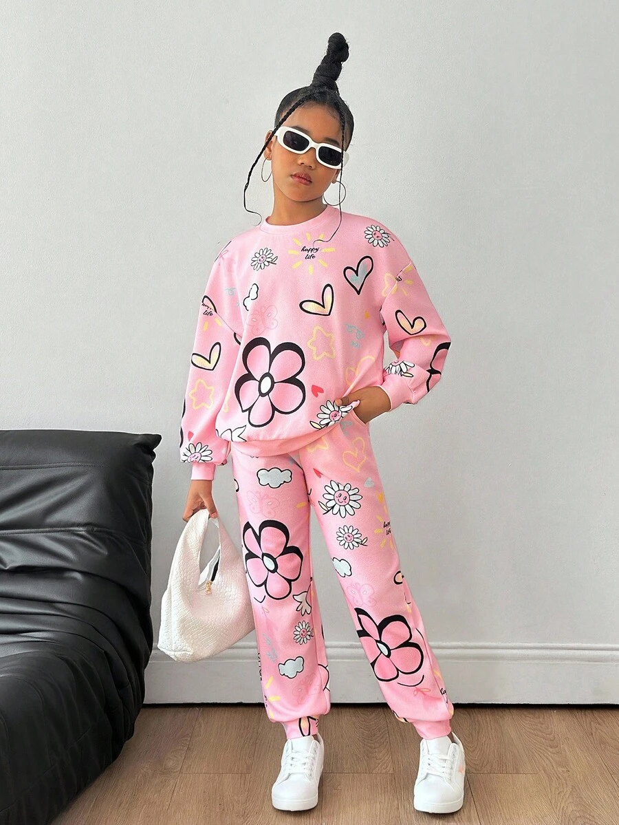 SHEIN 2件套青少年女孩休闲宽松花卉印花圆领运动衫和裤子套装 - 淺粉色 - 查看 1