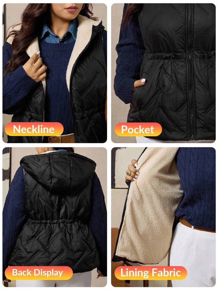 Zelara Plus Size Women's Drawstring Waist Fuzzy Casual Zip Up Hooded Loose Coat, Fall/Winter, Warm Holiday