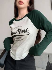 DAZY 字母图案撞色插肩袖弧形下摆 T 恤，秋季服装长袖女式上衣 - 墨綠色 - 查看 2