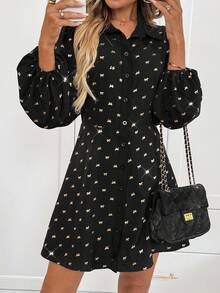 SHEIN LUNE Vestido casual de mujer con lámina de oro para fiestas, atuendo básico para uso diario y salidas en otoño/invierno, vestido mini de manga larga - Negro y oro - Ver 7
